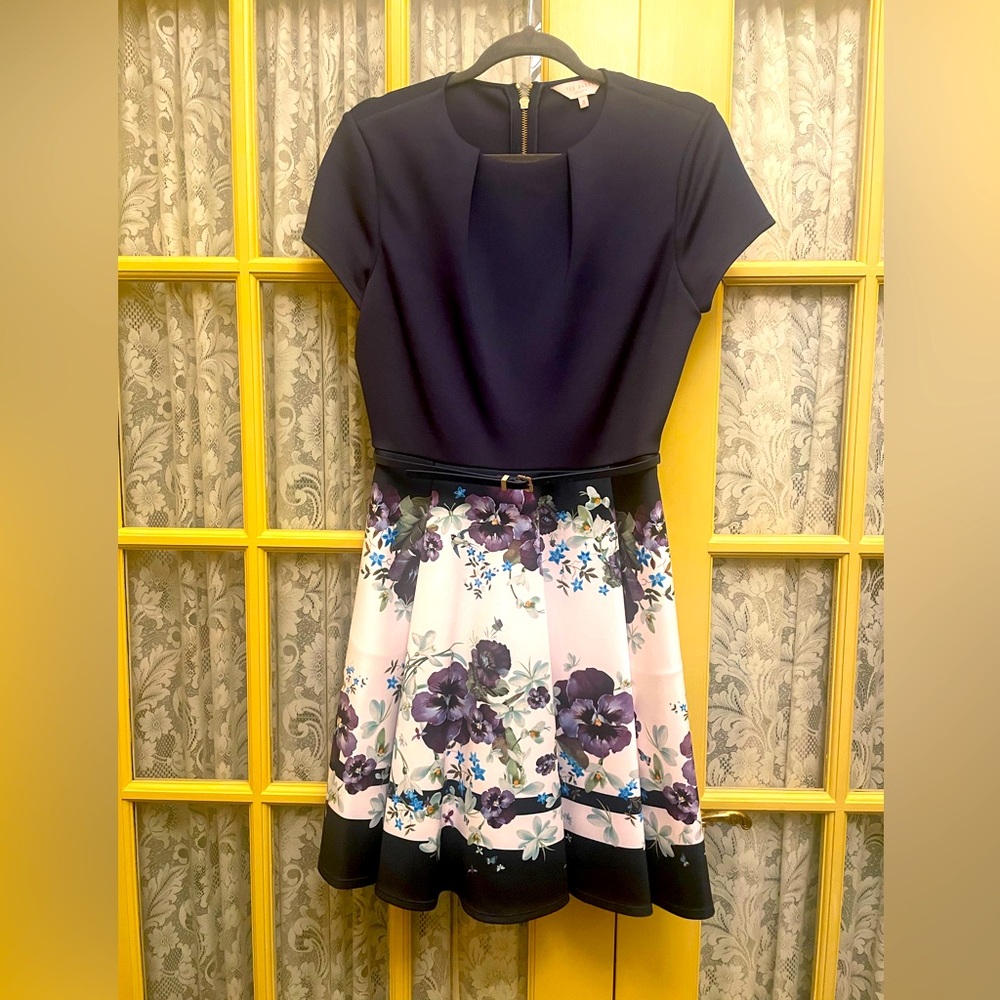 Ted baker size 3 (US size 6/8).  Navy with flowers. Belted.